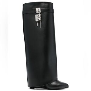Givenchy Shark Lock Pant Black Calf Leather Knee High Heel Wedge Tall Boots 42